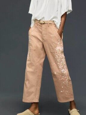 Anthropologie Pilcro Millie Low-Slung Barrel Pants Paint Splatter Tan Size 26